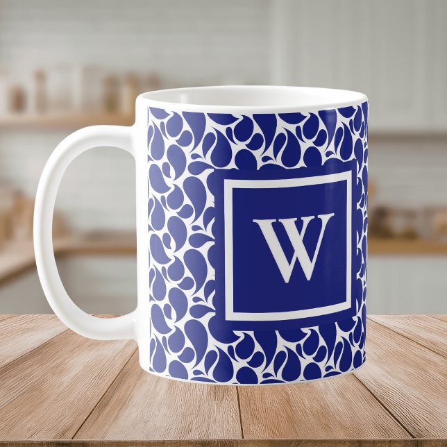 Modern Minimalist Blue and White Paisley Monogram Coffee Mug (Creator Uploaded)