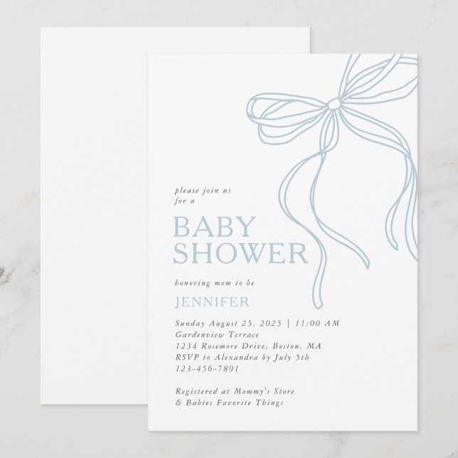 Modern Minimalist Blue Bow Baby Boy Shower Invitation