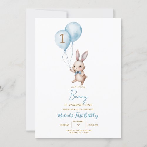 Modern Minimalist Blue Bunny Easter Birthday Party Invitation