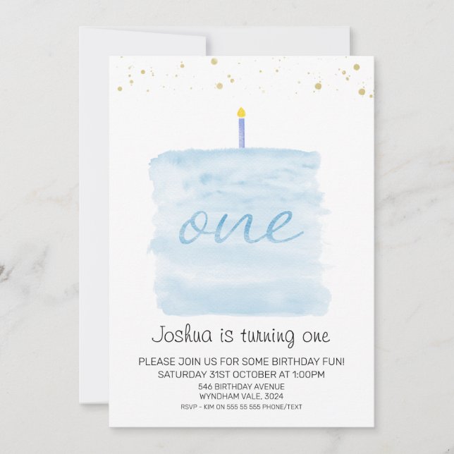 Modern Minimalist Blue Cake First Birthday Invitation (Front)