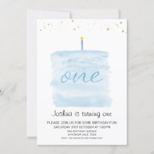 Modern Minimalist Blue Cake First Birthday Invitation