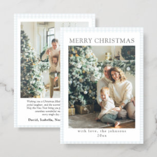 Modern Minimalist Blue Family Christmas Holiday Letterpress Photo Cards