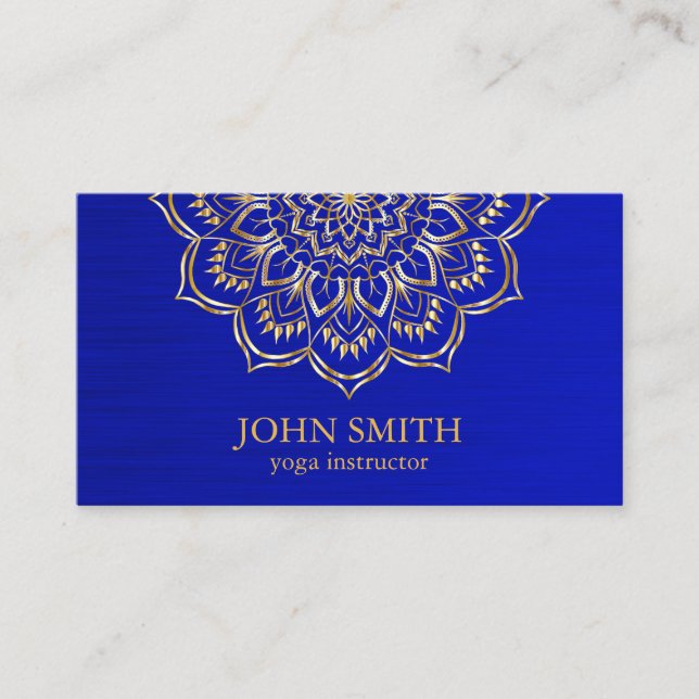 Modern Minimalist Blue Gold Lotus Yoga Instructor  Business Card (Front)