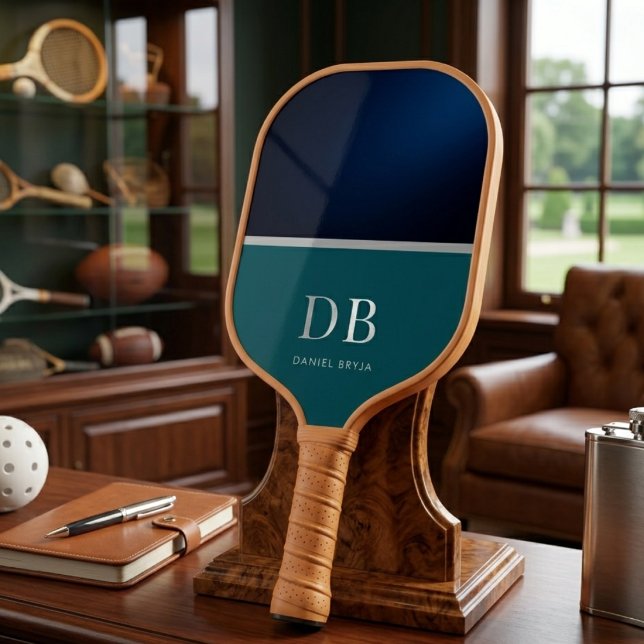 Modern Minimalist Blue Monogrammed Initials Carbon Fiber Pickleball Paddle (Creator Uploaded)