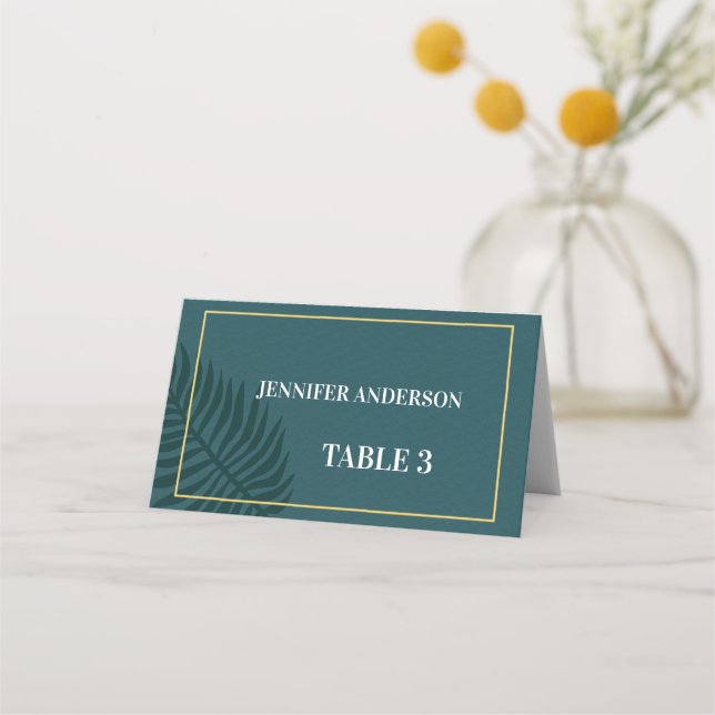 Modern Minimalist Blue Palm Leaf Wedding Place Card (Front)