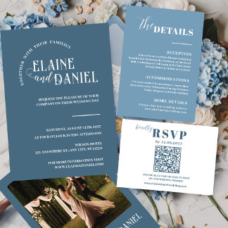 Modern Minimalist blue photo Wedding Invitation
