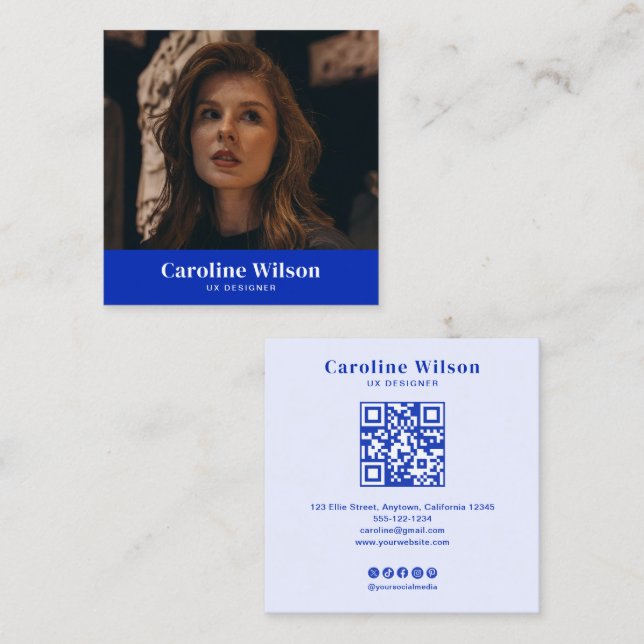 Modern Minimalist Blue Professional QR Code Photo Square Business Card (Front/Back)