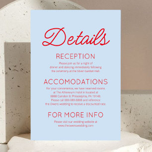 Modern Minimalist Blue Red Wedding Details Enclosure Card