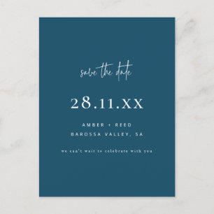 Modern Minimalist Blue Script Save The Date Announcement Postcard