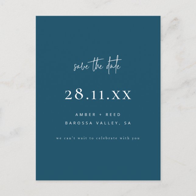Modern Minimalist Blue Script Save The Date Announcement Postcard (Front)