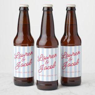 Modern Minimalist Blue Stripes Red Wedding Beer Bottle Label