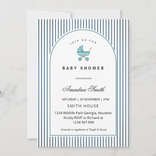 Modern &amp; Minimalist Blue Stripes Stroller Baby Boy Invitation