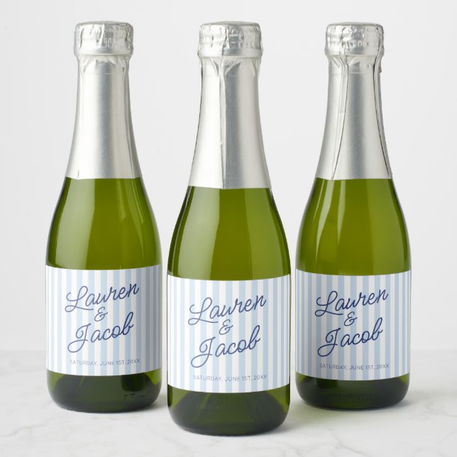 Modern Minimalist Blue Stripes Wedding Mini Sparkling Wine Label (Bottles)