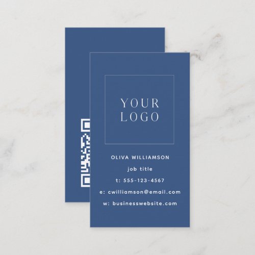 Modern Minimalist Blue Vertical Logo QR Code Business Card