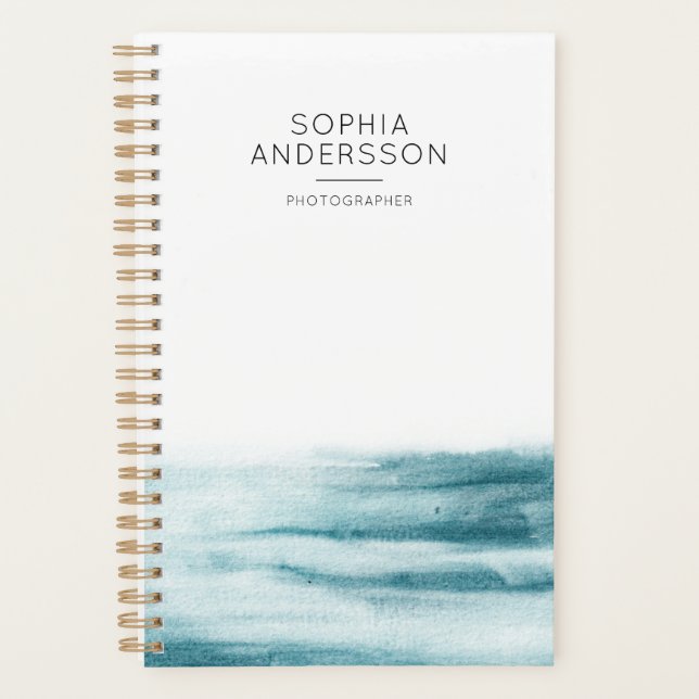 Modern Minimalist Blue Watercolor Ocean Planner (Front)