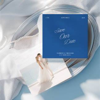 Modern Minimalist Blue & White Photo Save the Date Invitation