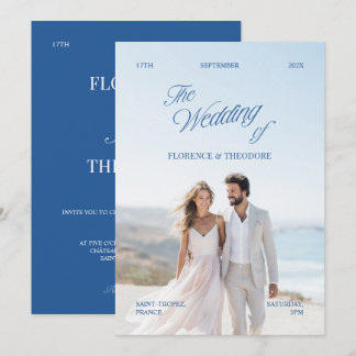Modern Minimalist Blue & White Photo Wedding Invitation