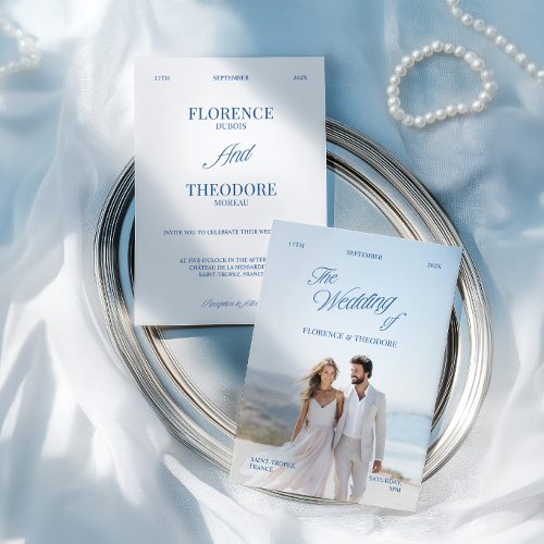 Modern Minimalist Blue & White Photo Wedding Invitation