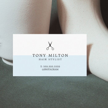 Modern Minimalist Blue White Scissors Hairdresser Business Card by pro_business_card at Zazzle