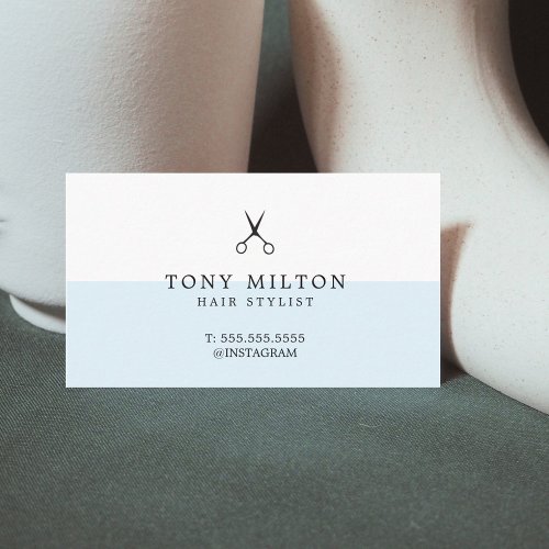 Modern Minimalist Blue White Scissors Hairdresser Business Card