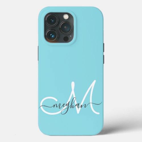 Modern Minimalist Blue White Script Name Monogram  iPhone 13 Pro Case