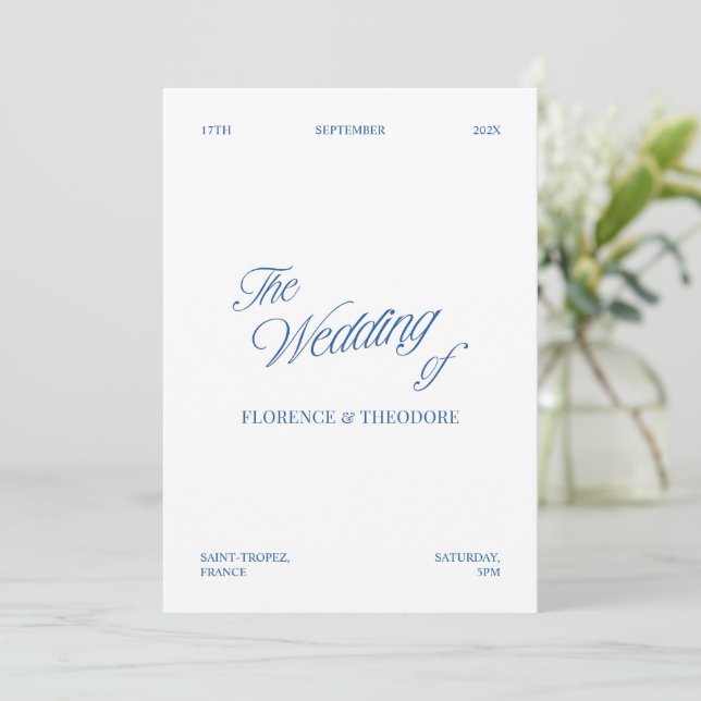Modern Minimalist Blue & White Wedding Invitation (Standing Front)