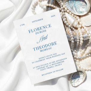 Modern Minimalist Blue & White Wedding Letterpress Invitation