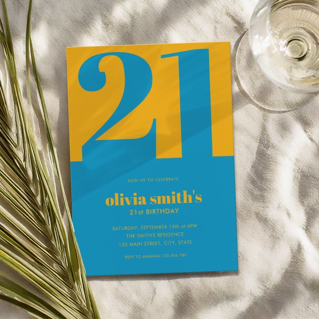 Modern Minimalist Blue Yellow 21st Birthday Invitation (Creator Uploaded)