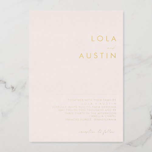 Modern Minimalist  Blush And Gold Wedding Real Foil Invitation