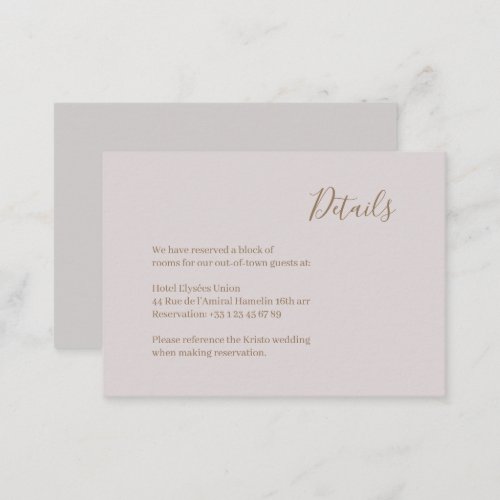 Modern Minimalist Blush Gold Wedding Hotel Detail Enclosure Card