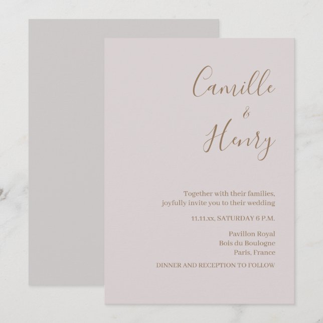Modern Minimalist Blush Gray Wedding Invitation (Front/Back)