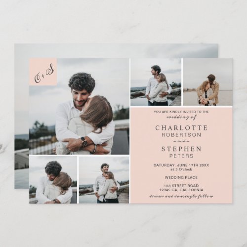 Modern minimalist blush initials 6 photos wedding invitation