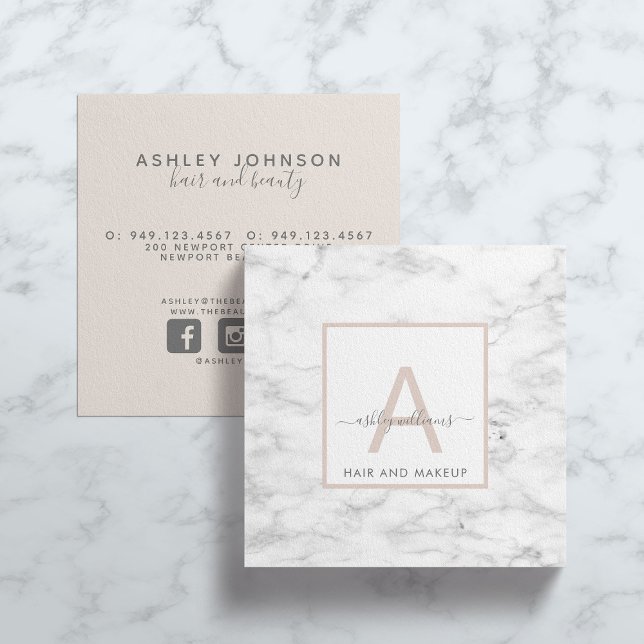 Modern Minimalist Blush Marble Name ScriptMonogram Square Business Card (Creator Uploaded)