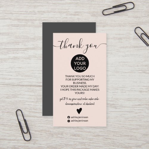 Modern minimalist blush order thank you business card