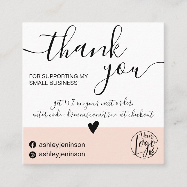 Modern minimalist blush pink block order thank you square business card (Front)