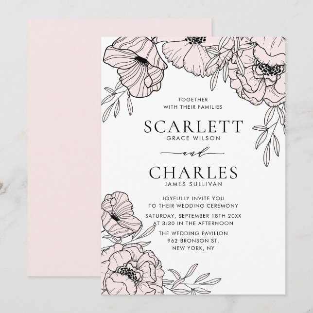 Modern Minimalist Blush Pink Flowers Wedding Invitation (Front/Back)