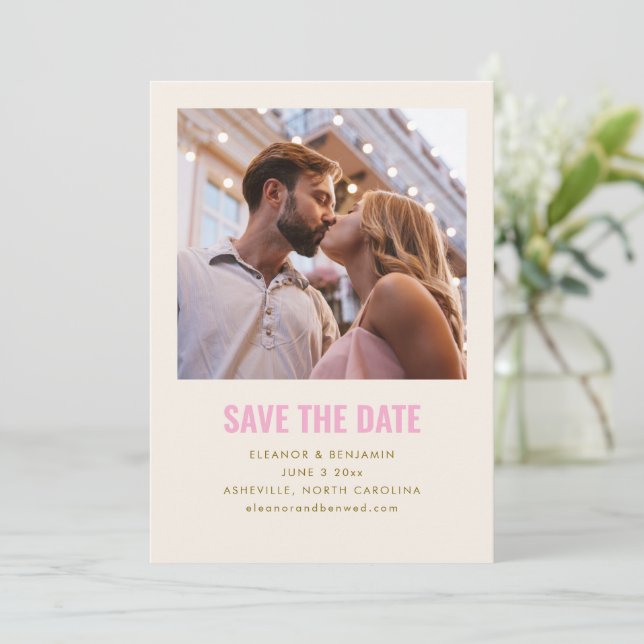 Modern Minimalist Blush Pink Gold Photo Wedding Save The Date (Standing Front)