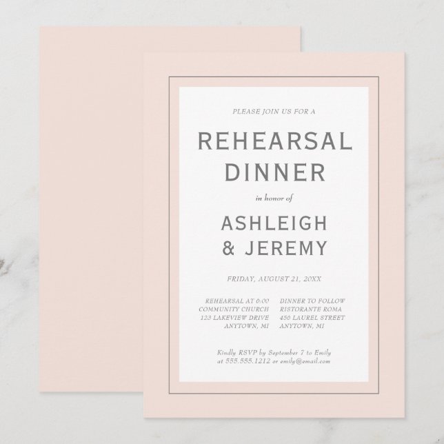 Modern Minimalist Blush Pink Gray Rehearsal Dinner Invitation (Front/Back)
