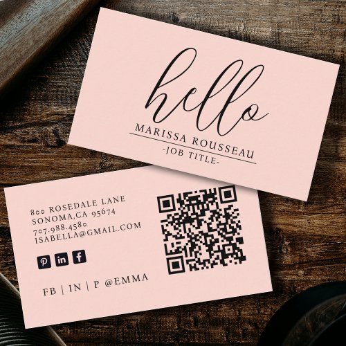 Modern Minimalist Blush Pink Hello QR Code Business Card