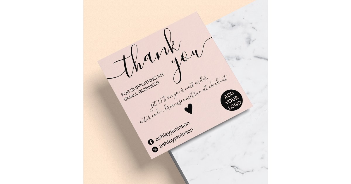Modern minimalist blush pink order thank you square business card | Zazzle