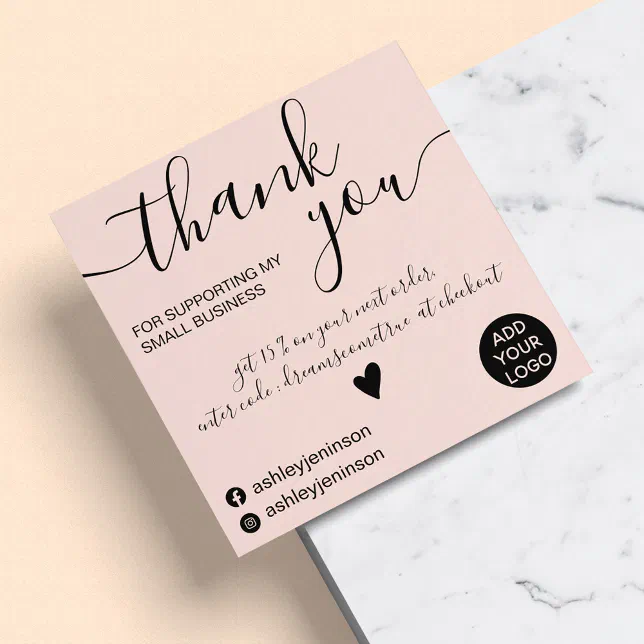 Modern minimalist blush pink order thank you square business card | Zazzle