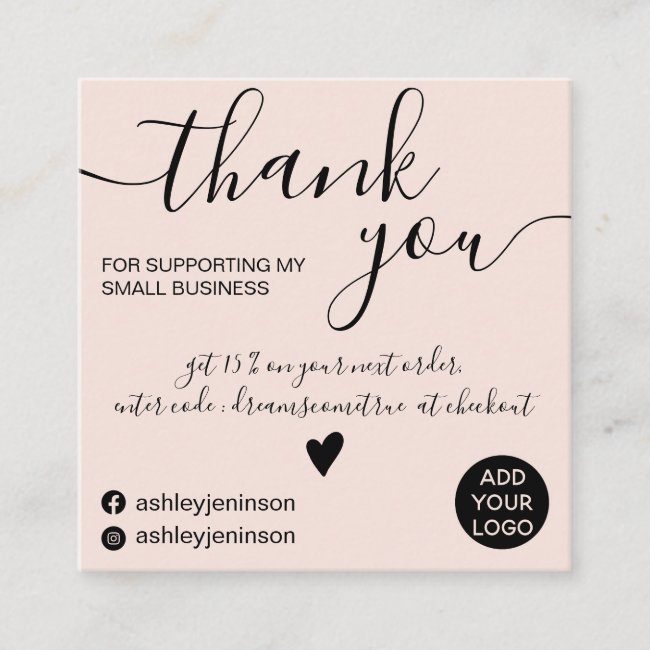 Modern minimalist blush pink order thank you square business card