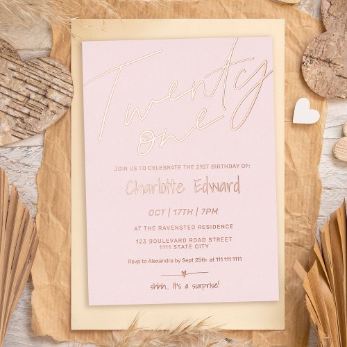 Modern minimalist blush pink photo surprise 21st foil invitation