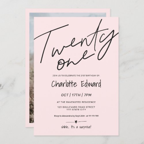 Modern minimalist blush pink photo surprise 21st invitation