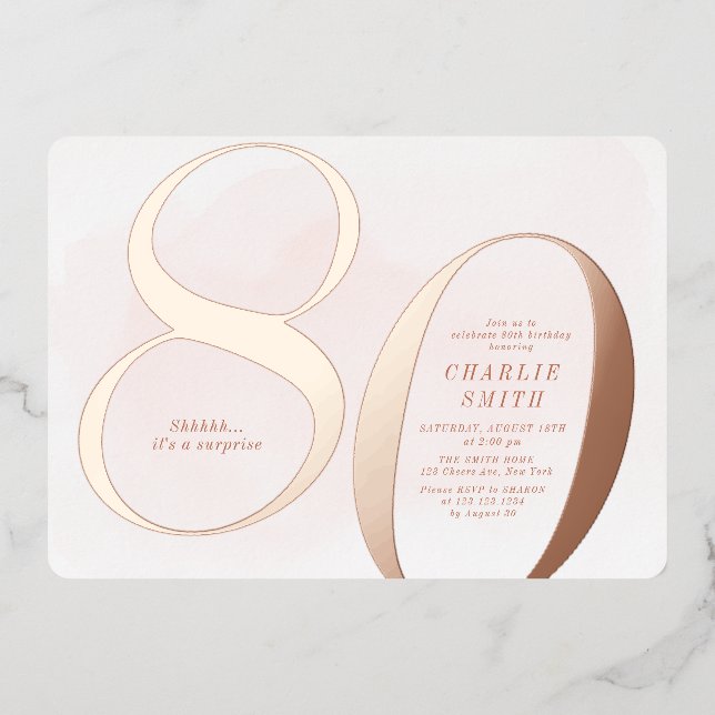 Modern minimalist blush rose gold 80th birthday fo foil invitation (Front)
