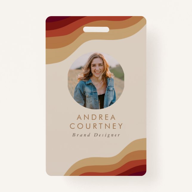 Modern Minimalist Boho Beige Photo QR Name Badge (Front)