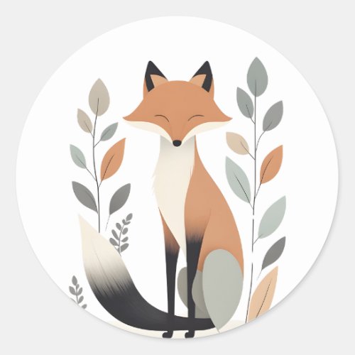 Modern Minimalist Boho Cute Fox and Plants  Classic Round Sticker