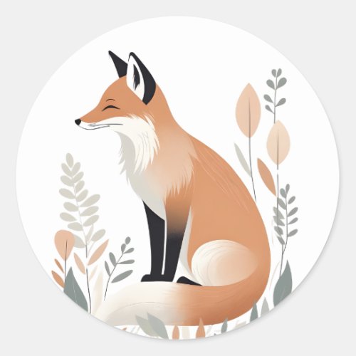 Modern Minimalist Boho Cute Fox and Plants Classic Round Sticker