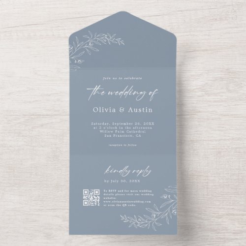 Modern Minimalist Boho Dusty Blue QR Code Wedding All In One Invitation