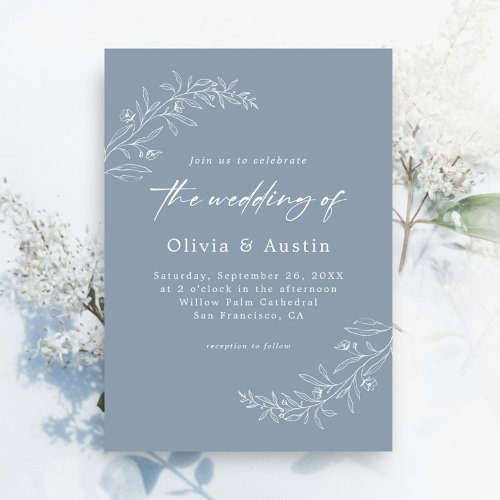 Modern Minimalist Boho Dusty Blue QR Code Wedding Invitation